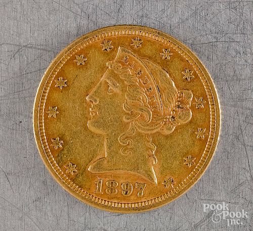 US 1897 Liberty head five dollar gold coin.