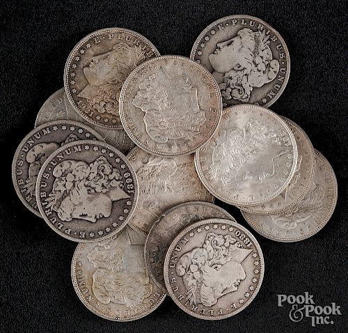 Thirteen Morgan silver dollars.