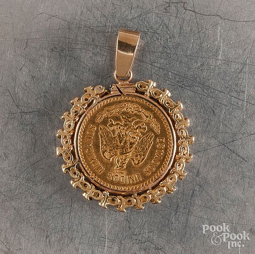 Mexican 1908 gold 10 peso coin set  in a pendant