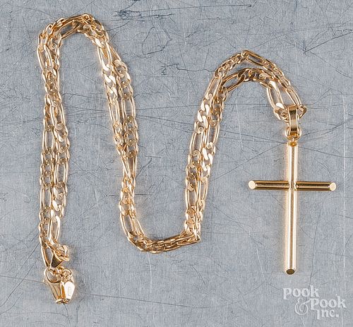 14K yellow gold necklace with cross pendant.