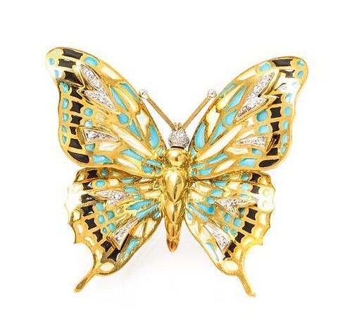 An 18 Karat Gold, Diamond and Polychrome Plique-a-Jour Butterfly Brooch, 16.90 dwts.