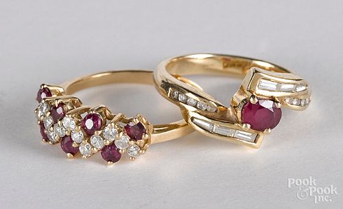 14K yellow gold, diamond and red stone rings
