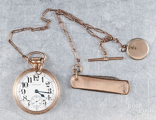 Hamilton gold filled pocket watch with chain, etc.