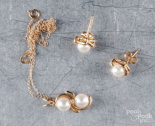 14K yellow gold pearl earrings & matching necklace