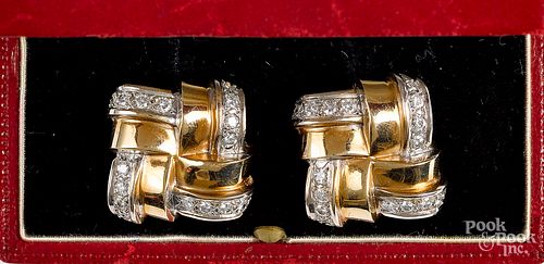 Pair of 14K gold and diamond clip earrings