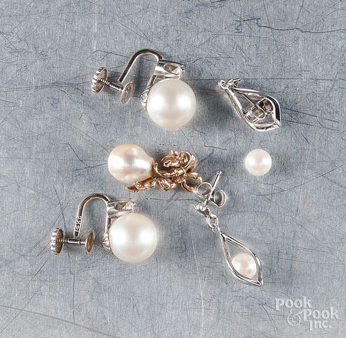 Two pairs of 14K gold and pearl earrings