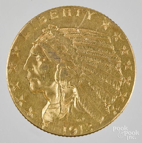 US 1913 Indian Head five dollar gold coin.