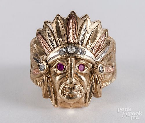 10K yellow gold Native American chief ring, 6.9 dwt.