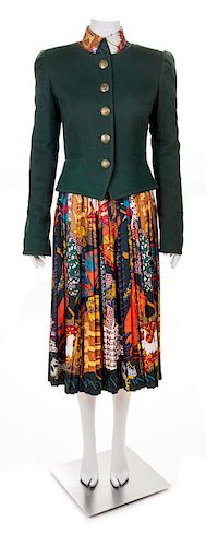 An HermËs Vintage Green Wool Cashmere Reversible Jacket, Skirt and Blouse Ensemble, Jacket size 42; Skirt size 42; Shirt size 38