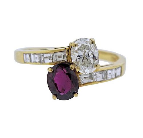Cartier 18k Gold Diamond Ruby Bypass Ring 