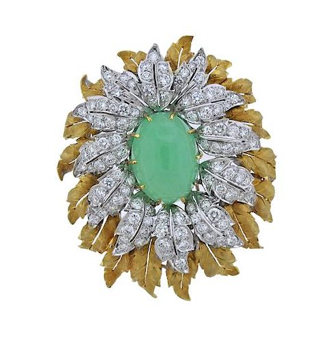 18k Gold Jade Diamond Brooch Pin 
