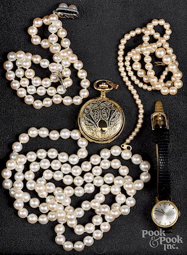 Three pearl necklaces, together with watches