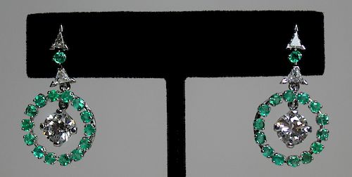 JEWELRY. Platinum, Diamond, and Emerald Earrings.