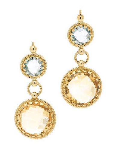 A Pair of 18 Karat Yellow Gold, Citrine and Blue Topaz Earrings, Italian, 5.60 dwts.