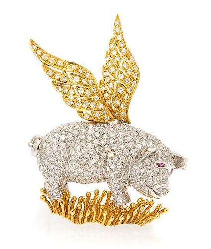 An 18 Karat Gold, Diamond and Sapphire Flying Pig Brooch, 11.70 dwts.
