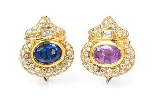 A Pair of 18 Karat Yellow Gold, Sapphire and Diamond Earclips, 13.45 dwts.