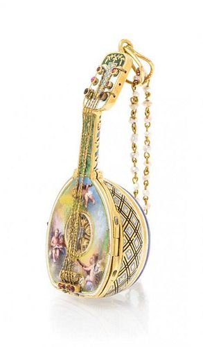 An 18 Karat Yellow Gold, Polychrome Enamel and Seed Pearl Mandolin Pendant Watch, 19.10 dwts.