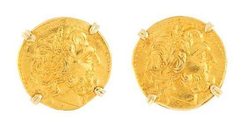 A Pair of 14 Karat Yellow Gold and Replica Greek Coin Cufflinks, 19.05 dwts.