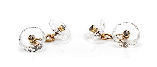 A Pair of Yellow Gold, Rock Crystal and Brown Diamond Cufflinks, 4.50 dwts.