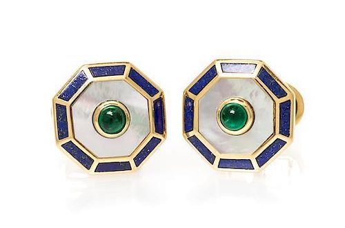 A Pair of 18 Karat Yellow Gold, Emerald, Mother-of-Pearl and Lapis Lazuli Cufflinks, 9.40 dwts.