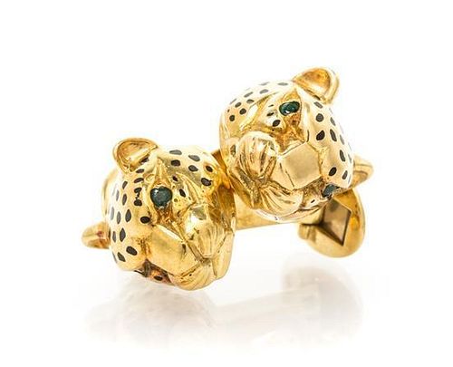 A Pair of 18 Karat Yellow Gold, Emerald and Enamel Leopard Cufflinks, 19.15 dwts.