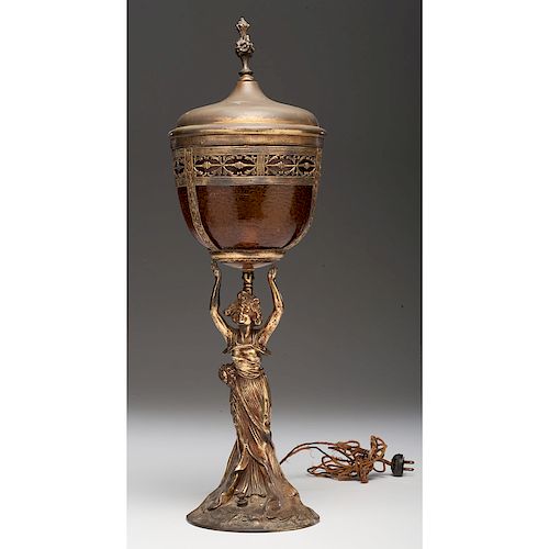 Amber Glass Lamp with Gilt Metal Figural Vase