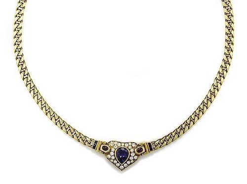 An 18 Karat Yellow Gold, Diamond, Ruby and Sapphire Necklace, 27.00 dwts.