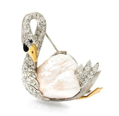 An 18 Karat Gold, Natural Pearl, Diamond, Sapphire and Enamel Swan Brooch, 18.90 dwts.