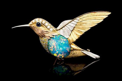 An 18 Karat Gold, Boulder Opal, Diamond and Colored Diamond Hummingbird Brooch, 11.50 dwts.