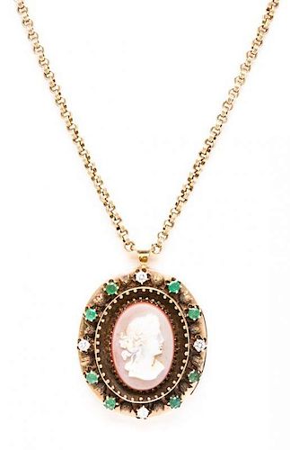* A Hardstone Cameo, Emerald and Diamond Pendant Necklace, 30.60 dwts.
