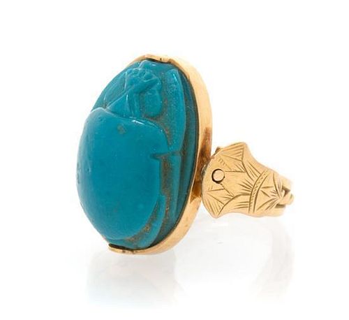A Yellow Gold and Glass Scarab Ring, 5.30 dwts.