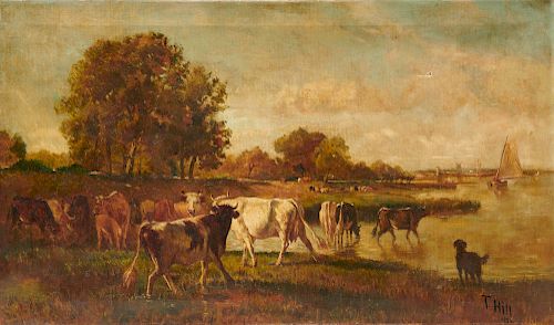 THOMAS HILL, (American, 1829-1908), Landscape with Cows, 1886, oil on canvas