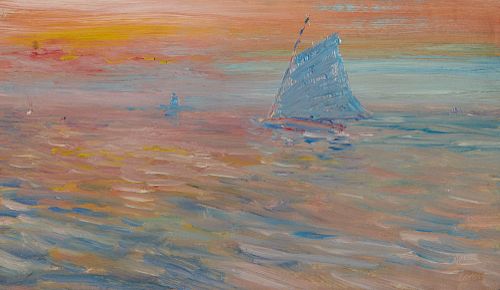 JOHN JOSEPH ENNEKING, (American, 1841-1916), Sunset Sails, oil on board