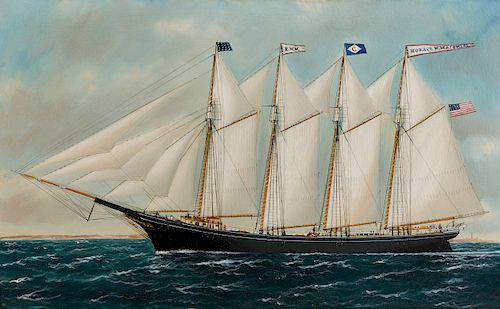 WILLIAM PIERCE STUBBS, (American, 1842-1909), Four Masted Schooner "Horace W. Macomber", oil on canvas