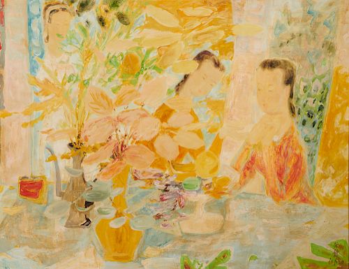 LE PHO, (French, 1907-2001), Les jeunes filles à la coupe de fruits, oil on silk laid on Masonite