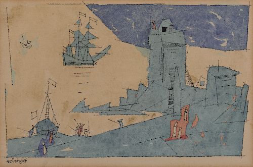 LYONEL FEININGER, (American/German, 1871-1956), The Watch Tower, 1947, watercolor and ink