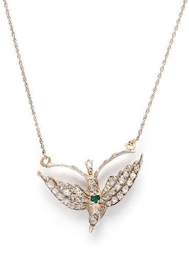 * A White Gold, Diamond, Emerald and Ruby Bird Necklace, 4.20 dwts.