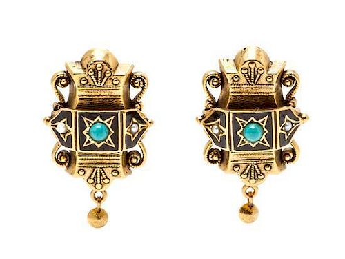 A Pair of Yellow Gold, Enamel, Turquoise and Seed Pearl Earrings, 8.20 dwts.