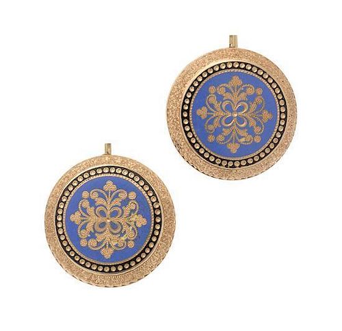A Pair of 14 Karat Yellow Gold and Polychrome Enamel Earrings, 3.80 dwts.