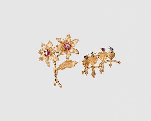 Two 14K Gold and Gemset Brooches