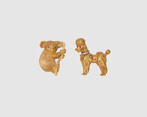 Two Gold and Gemset Animal Brooches