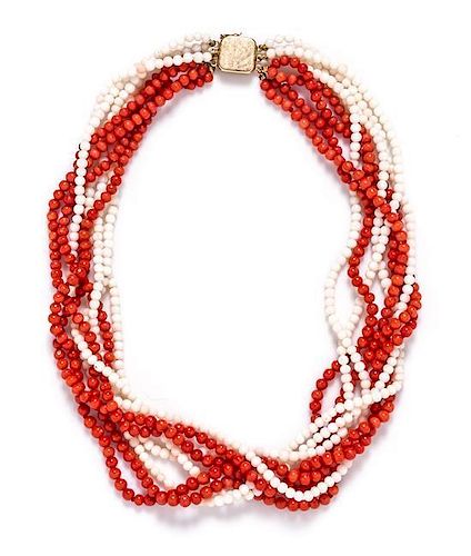 A 14 Karat Yellow Gold, Orange and White Coral Mutli Strand Necklace, 43.20 dwts.