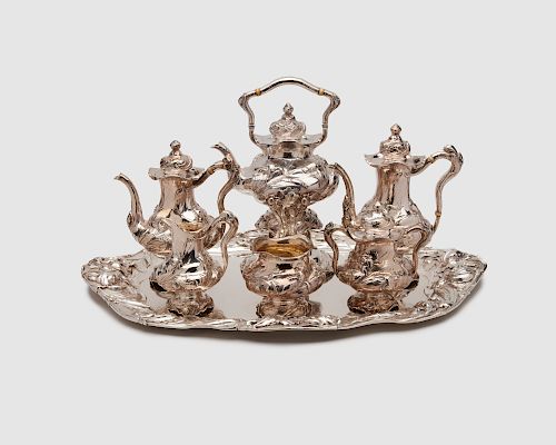 REED & BARTON Art Nouveau Silver Six Piece Tea and Coffee Service, ca. 1900, together with a Complementary Tray