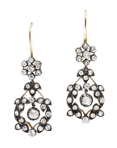 A Pair of Antique Silver Topped Yellow Gold and Diamond Earrings, 4.60 dwts.