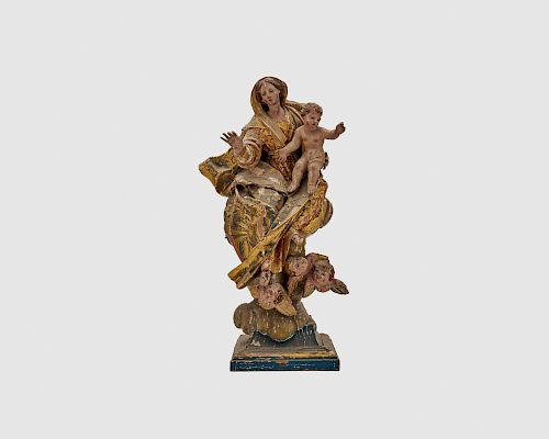 Continental Carved and Painted Wood Figure of Virgin and Child among Clouds and Winged Putti
