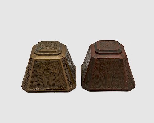 Two TIFFANY STUDIOS Patinated Bronze Master Inkwells, Chinese Pattern