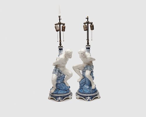 Pair of Ginori Porcelain Figures of Bound Prisoners, mounted as lamps