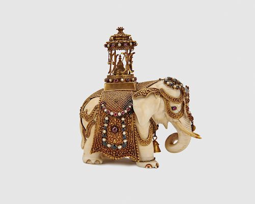 Fanciful Mughal Style Carved Ivory, Gold, and Jewel Adorned Elephant, probably Indian, 19th Century