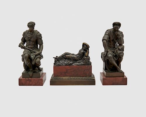 Pair of Continental Patinated Bronze Figures of Classical Roman Soldiers, on rouge marble bases, after Michelangelo together with a Continental Patina