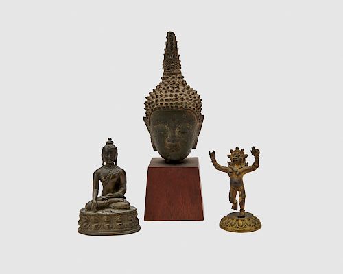 Bronze Head of Buddha together with a Bronze Seated Buddha and a Gilt Bronze Standing Deity